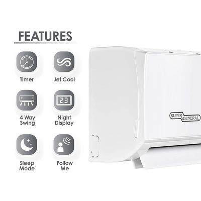 Super General 2.5 Ton Split Air Conditioner, 30000 BTU, Reciprocating Compressor, Auto Restart, Gold Fin, 4-way swing, SGS-320-4GE, White - 134 x 45 x 38 cm, 1 Year Warranty