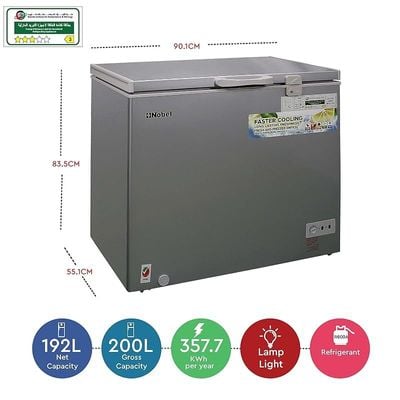 Nobel Chest Freezer Silver Gas R600A Glass Sliding Door 200 Ltrs Gorss Capacity, 192 Ltrs Net Capacity NCF216RH