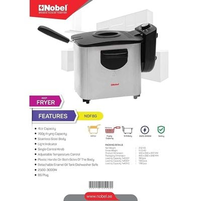 Nobel 4 Liters Deep Fryer Stainless Steel Silver Black Color Model – NDF8G | 1 Year Warranty.