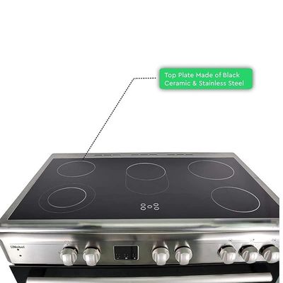 Nobel 90 x 60 Ceramic Cooker, 5 Ceramic Hob, Electric Grill &amp; Electric Oven, 7 Knobs, Digital Display, Auto Ignition, Black Top Ceramic, 89.8 x 60.1 x 86, Silver, Made In Turkey NGC90VTC