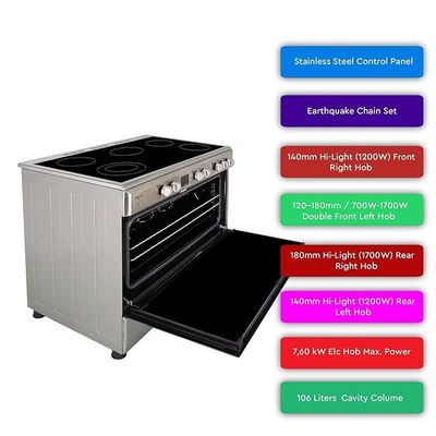 Nobel 90 x 60 Ceramic Cooker, 5 Ceramic Hob, Electric Grill &amp; Electric Oven, 7 Knobs, Digital Display, Auto Ignition, Black Top Ceramic, 89.8 x 60.1 x 86, Silver, Made In Turkey NGC90VTC