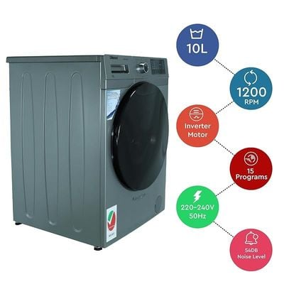 Nobel Front load Washer, 16 Programs, Stainless Steel Drum, 64 Ltr Drum Volume, 1200RPM, Inverter BLDC Motor, Heat Shrink Packaging, Child Lock, 60 x 84 x 59 cm 10 kg NWM1000FSI‹ Silver