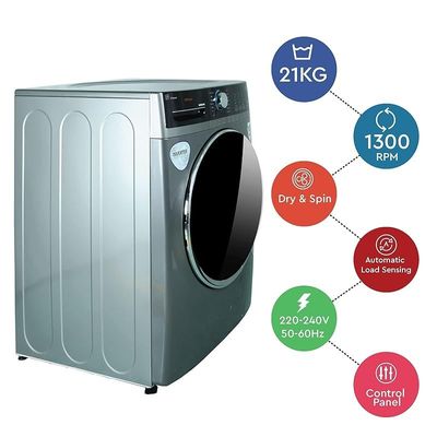 Nobel 21 Kg Front Load Fully Automatic Washer, Drum Material S/Steel, 1300 Maximum Spin Speed, Touch Control, LED Control, 9 Wash Option, 70% Spin Dryer, 68.6 x 101.1 x 86.8 cm Silver, NWM2100