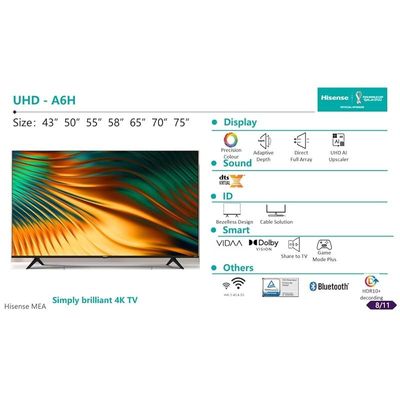 Hisense 70 Inch 4K UHD 4K Smart TV, With Dolby Vision Hdr, Dts Virtual X, YouTube, Netflix, HDR 10+, Bazelless, Share to TV, Bluetooth &amp; Wifi Black Model 70A61HD1 -1 Year Full Warranty.