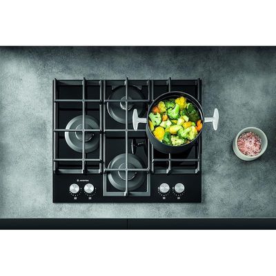 Ariston Built In 60x60cm 4 Burner Gas Hob With Auto Ignition Full Safety 9 Flame Levels Premium Glass Top Finish Electronic Knob Control  Model- AGS61SBK | 1 Year Full Warranty 