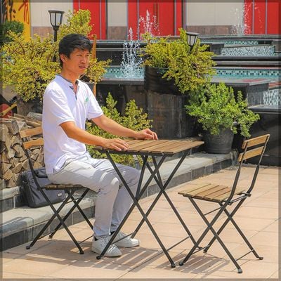 YATAI 3Pcs Patio Bistro Set - Folding Outdoor Wood Chair And Table Set Metal Folding Dining Table Set For Garden Furniture Balcony and Outdoor Area use Office Decor Set