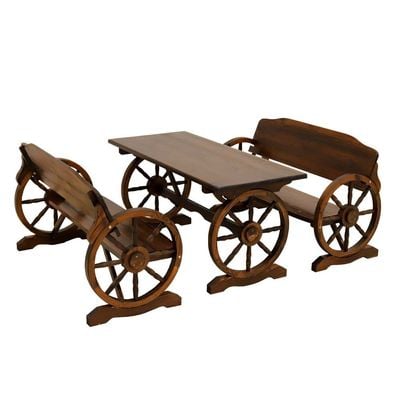 YATAI Wooden Wagon Wheel Bench and Table Set – Garden Bench and Table – Wooden Bench for Garden – Patio Bench and Table Set