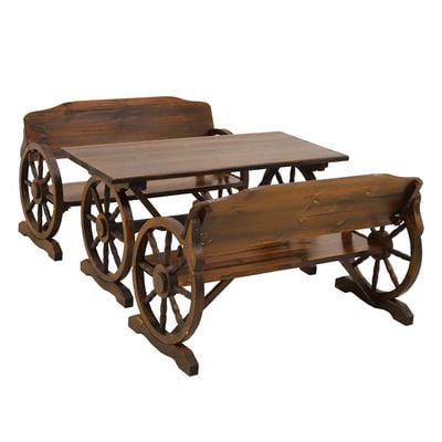 YATAI Wooden Wagon Wheel Bench and Table Set – Garden Bench and Table – Wooden Bench for Garden – Patio Bench and Table Set