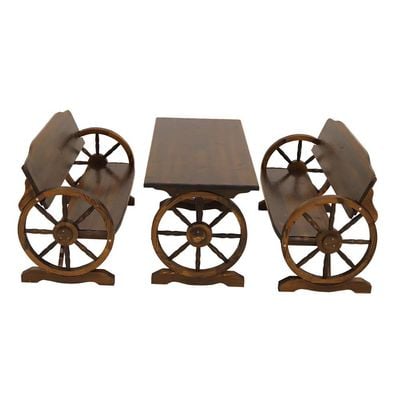 YATAI Wooden Wagon Wheel Bench and Table Set – Garden Bench and Table – Wooden Bench for Garden – Patio Bench and Table Set