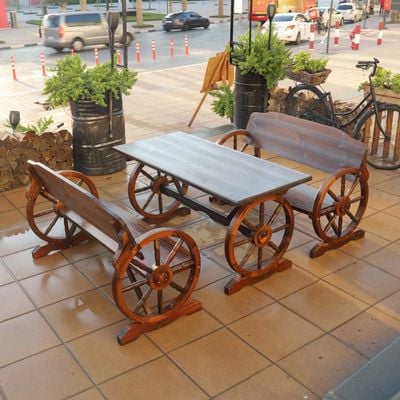 YATAI Wooden Wagon Wheel Bench and Table Set – Garden Bench and Table – Wooden Bench for Garden – Patio Bench and Table Set