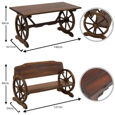 YATAI Wooden Wagon Wheel Bench and Table Set – Garden Bench and Table – Wooden Bench for Garden – Patio Bench and Table Set