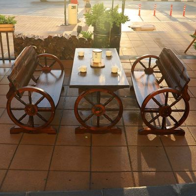 YATAI Wooden Wagon Wheel Bench and Table Set – Garden Bench and Table – Wooden Bench for Garden – Patio Bench and Table Set
