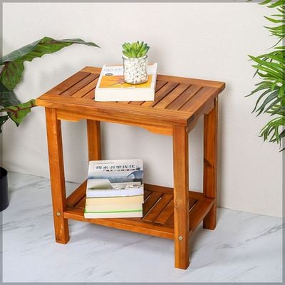 Yatai 2-Tier Solid Acacia Wood Table Bamboo Stool for Shaving Shower Foot Rest, Portable Pool side Stool 