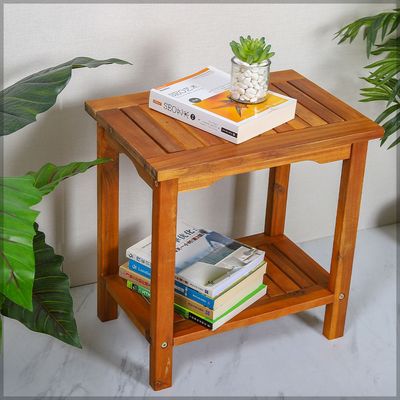 Yatai 2-Tier Solid Acacia Wood Table Bamboo Stool for Shaving Shower Foot Rest, Portable Pool side Stool 