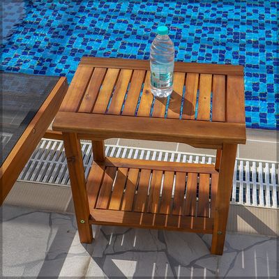 Yatai 2-Tier Solid Acacia Wood Table Bamboo Stool for Shaving Shower Foot Rest, Portable Pool side Stool 