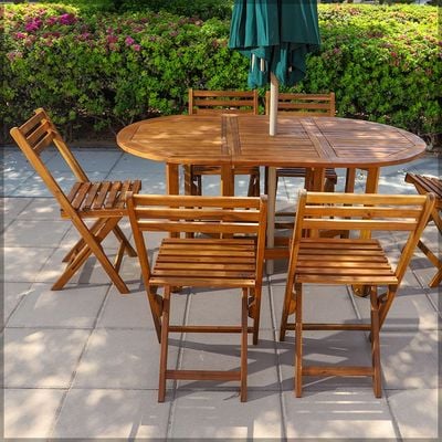 Yatai 7 Pcs Foldable Acacia Wood With Movable Tyres Patio Bistro Set - Outdoor Wood Chair And Table Set Dining Table Set