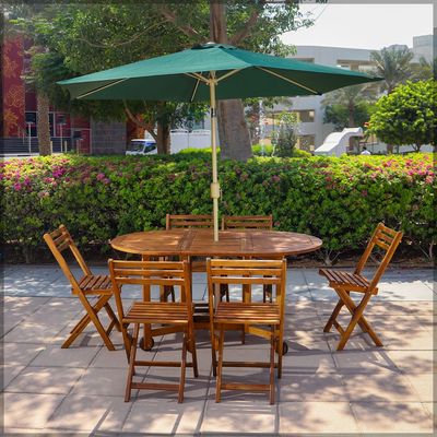Yatai 7 Pcs Foldable Acacia Wood With Movable Tyres Patio Bistro Set - Outdoor Wood Chair And Table Set Dining Table Set