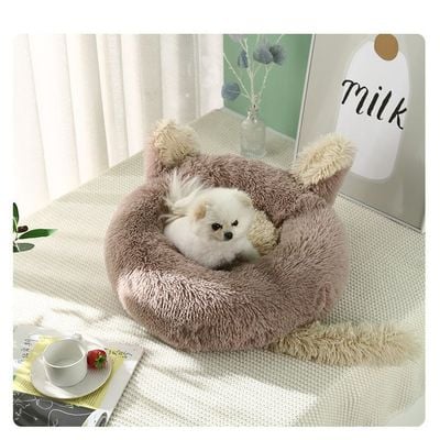 Cat & Dog Pet Bed With Cute Design And Shape Comfortable Plush Ultra Soft Cushion Self Warming Pet Bed Made With Fleece Faux Fux With Waterproof Bottom (Diamater 50CM)