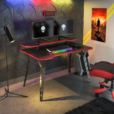 Original Gaming Desk – Laminated Desktop, Heavy-Duty Steel-Legs, Elevated Monitor Platform, Video Game Gadget Hook, - Black