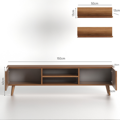 Home Canvas Plane Modern Tv Stand For Living Room, Tv Unit Media With Two Shelf Solid Wood Legs - Walnut