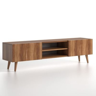 Plane Modern Tv Stand For Living Room, Tv Unit Media With Two Shelf Solid Wood Legs - Walnut