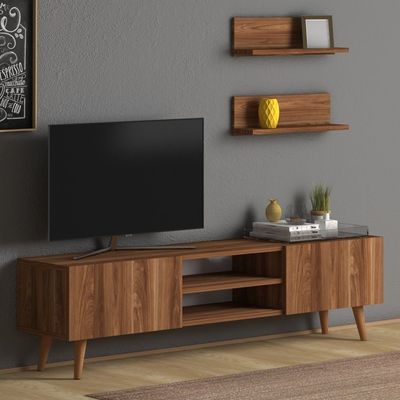 Home Canvas Plane Modern Tv Stand For Living Room, Tv Unit Media With Two Shelf Solid Wood Legs - Walnut