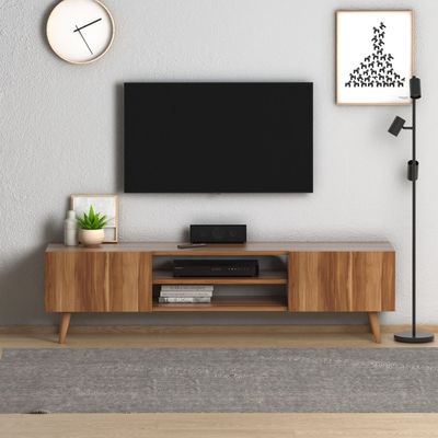 Home Canvas Plane Modern Tv Stand For Living Room, Tv Unit Media With Two Shelf Solid Wood Legs - Walnut