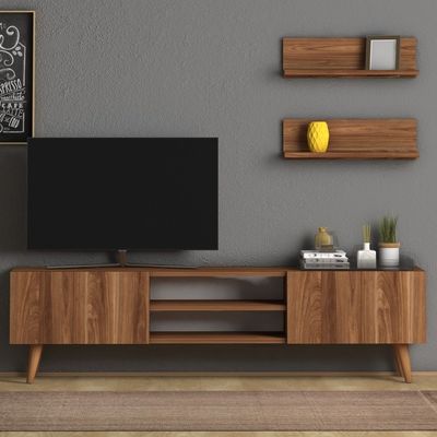 Home Canvas Plane Modern Tv Stand For Living Room, Tv Unit Media With Two Shelf Solid Wood Legs - Walnut