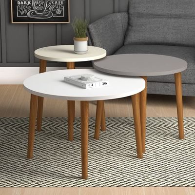 Roma Nested Coffee Table Set Of Three For Living Room Home Office Contemporary Stacking Coffeetable Wood Legs Telephone Table- Multi Clr