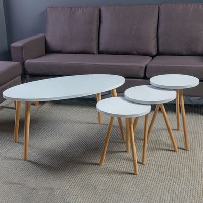 Elips Made In Turkey Modern Coffee Table And Nest Of Three Table Set Centre Table For Living Room, Easy Assembly Wood Legs - White