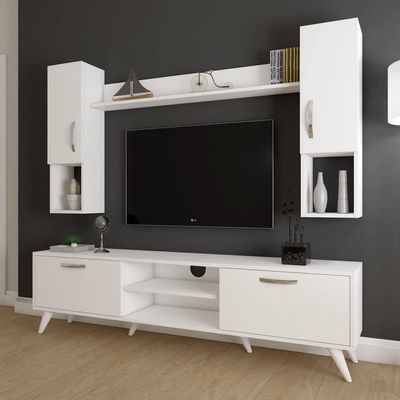 Tv Unit With Wall Shelf Tv Stand With Bookshelf Wall Mounted With Shelf Modern Leg 180 cm - White