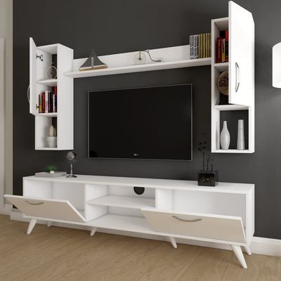 Tv Unit With Wall Shelf Tv Stand With Bookshelf Wall Mounted With Shelf Modern Leg 180 cm - White