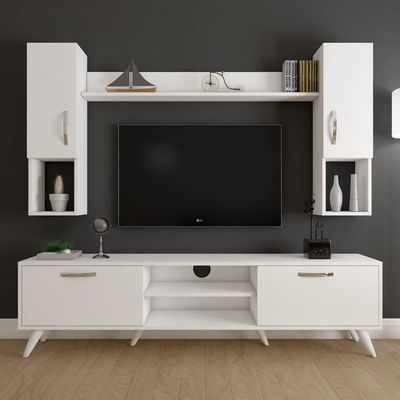 Tv Unit With Wall Shelf Tv Stand With Bookshelf Wall Mounted With Shelf Modern Leg 180 cm - White