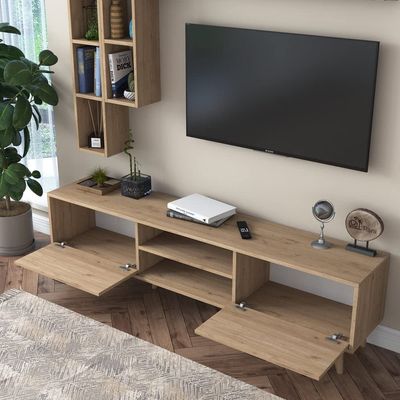 Home Canvas Lush Tv Unit With Wall Shelf Tv Stand With Bookshelf Wall Mounted With Shelf Modern Leg 180 cm - Walnut