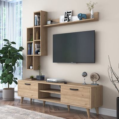 Home Canvas Lush Tv Unit With Wall Shelf Tv Stand With Bookshelf Wall Mounted With Shelf Modern Leg 180 cm - Walnut