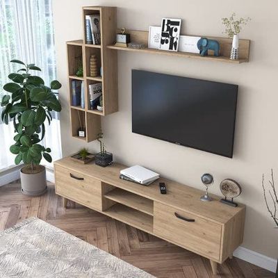 Lush Tv Unit With Wall Shelf Tv Stand With Bookshelf Wall Mounted With Shelf Modern Leg 180 cm - Walnut