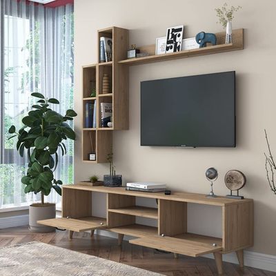 Home Canvas Lush Tv Unit With Wall Shelf Tv Stand With Bookshelf Wall Mounted With Shelf Modern Leg 180 cm - Walnut