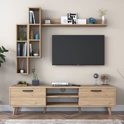 Home Canvas Lush Tv Unit With Wall Shelf Tv Stand With Bookshelf Wall Mounted With Shelf Modern Leg 180 cm - Walnut