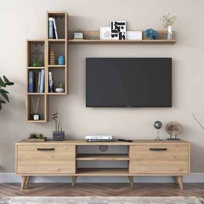 Lush Tv Unit With Wall Shelf Tv Stand With Bookshelf Wall Mounted With Shelf Modern Leg 180 cm - Walnut
