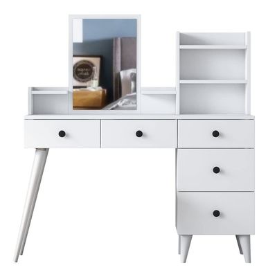 Home Canvas Makeup Dressing Table 5 Drawers Shelf Mirrored Jewelry Organizer White