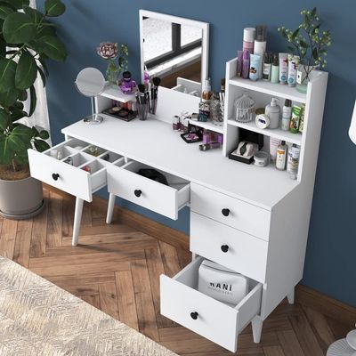 Home Canvas Makeup Dressing Table 5 Drawers Shelf Mirrored Jewelry Organizer White