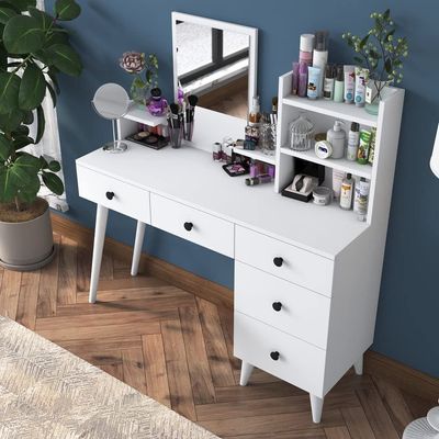 Home Canvas Makeup Dressing Table 5 Drawers Shelf Mirrored Jewelry Organizer White