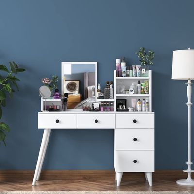 Home Canvas Makeup Dressing Table 5 Drawers Shelf Mirrored Jewelry Organizer White