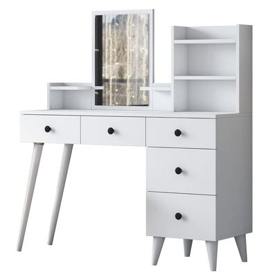 Home Canvas Makeup Dressing Table 5 Drawers Shelf Mirrored Jewelry Organizer White