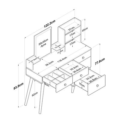 Home Canvas Makeup Dressing Table 5 Drawers Shelf Mirrored Jewelry Organizer White