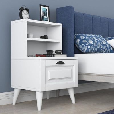 Home Canvas BedEnd table Night Stand with 2 Shelves and Membrane Drawer, White