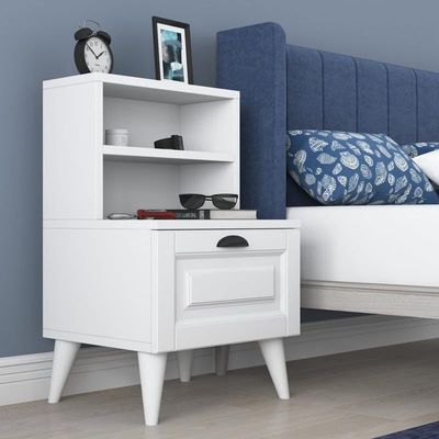 BedEnd table Night Stand with 2 Shelves and Membrane Drawer, White