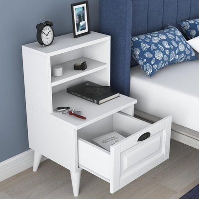 Home Canvas BedEnd table Night Stand with 2 Shelves and Membrane Drawer, White