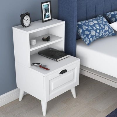 Home Canvas BedEnd table Night Stand with 2 Shelves and Membrane Drawer, White