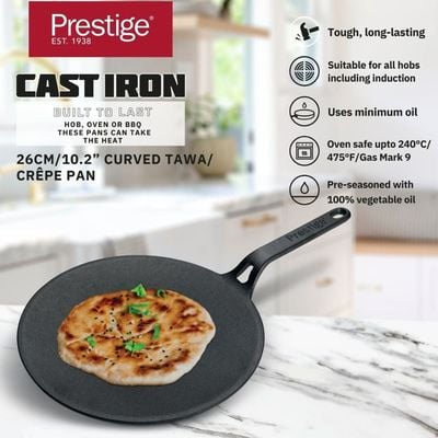 Prestige Cast Iron Curved Tawa 26 Cm ,Induction Cast Iron Tawa Pan For Roti/Chapati/Dosa  With Stick Handle ,Pre-Seasoned Cast Iron Cookware 